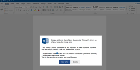 Załącznik HTML wyświetlający podrobione tło Microsoft Word. Okno dialogowe ClickFix instruuje ofiarę, by otworzyła Windows Terminal i wkleiła skopiowany kod.
