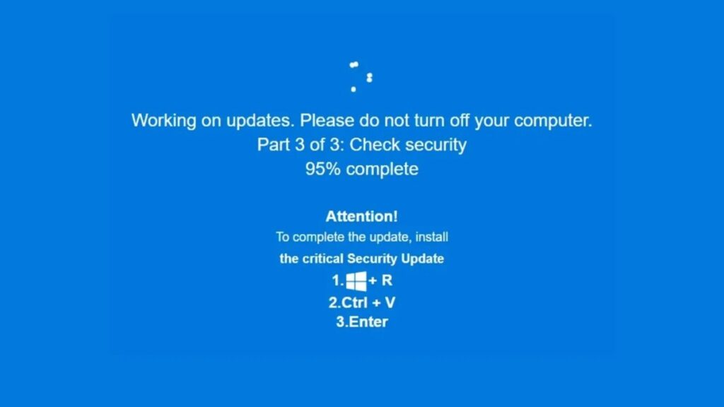 Rys. 4 — Fałszywa strona imitująca ekran aktualizacji systemu. Widoczny komunikat o kliknięciu sekwencji infekującej Windows + R, CTRL + V, Enter, w celu dokończenia aktualizacji 